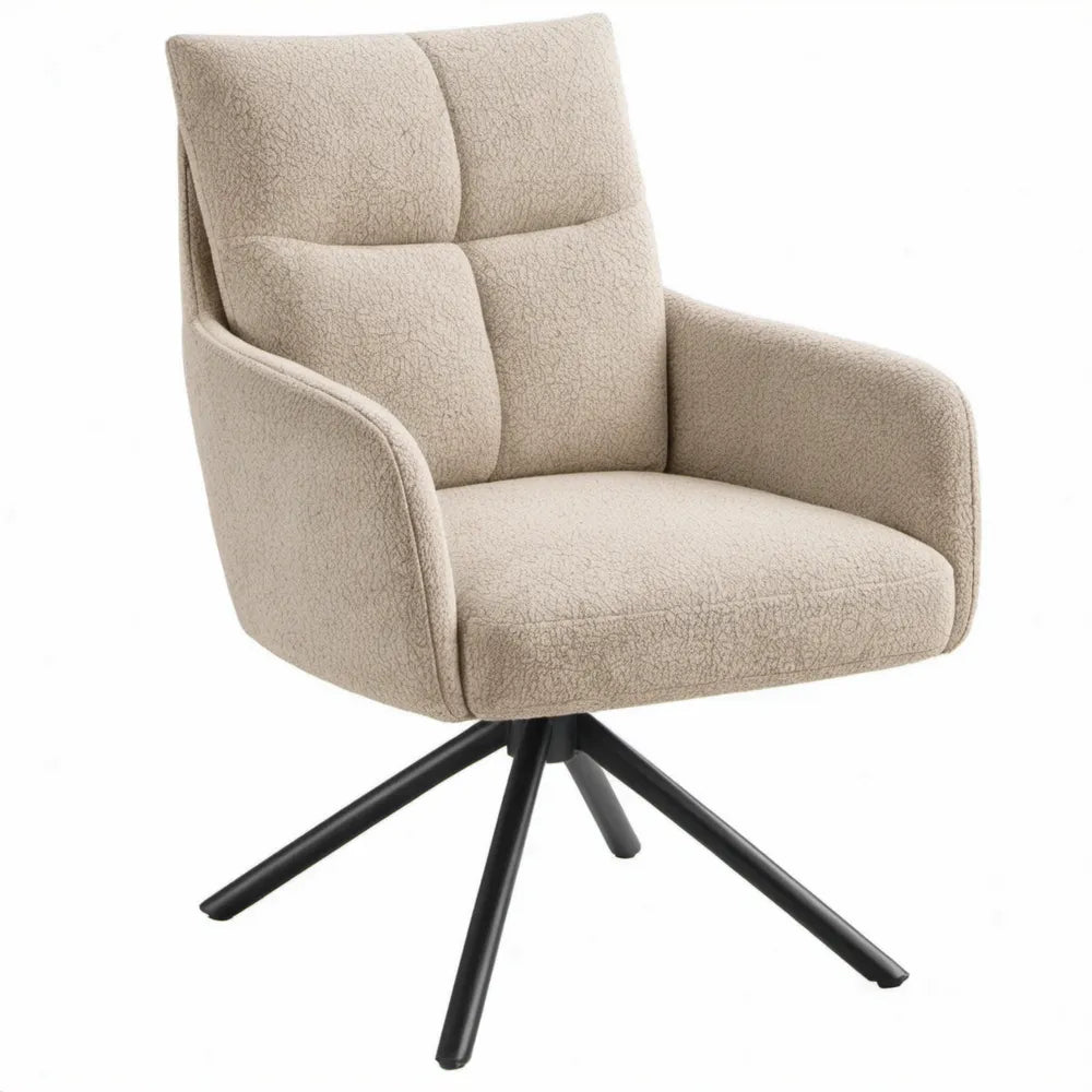 Draaibare eetkamerstoel met armleuningen in beige bouclé en zwart staal, 62 x 65 x 88 cm