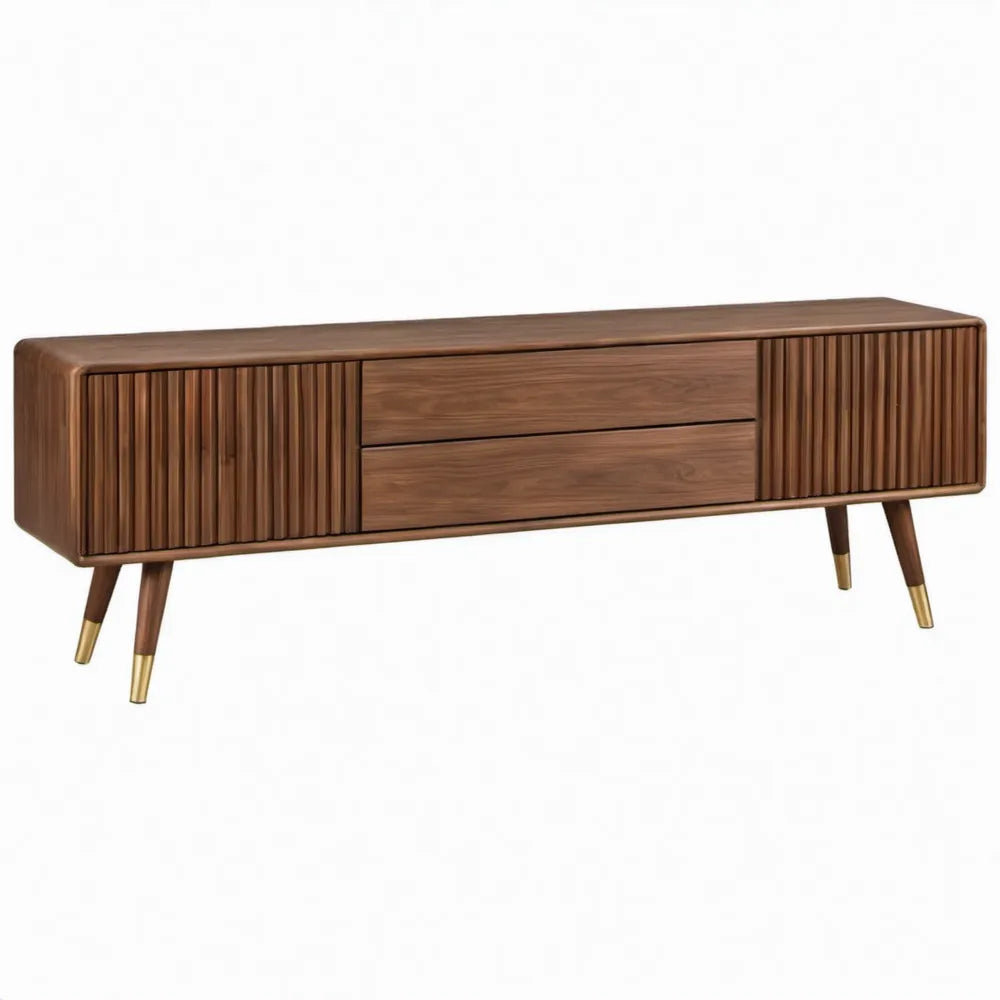 TV-meubel met 2 laden en 2 geribbelde deuren, 180 x 40 x 60 cm, walnootbruin en goudkleurig