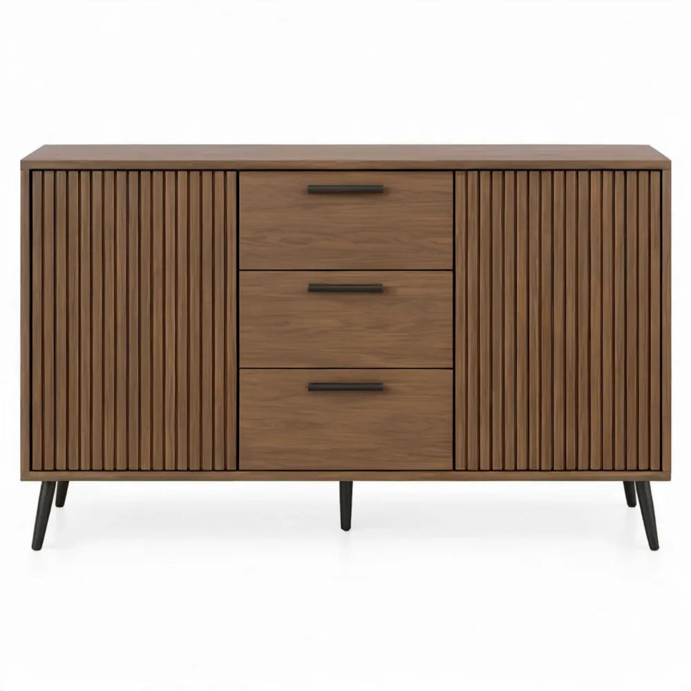 Walnootbruin dressoir met 2 geribbelde deuren en 3 lades, 160 x 40 x 80 cm