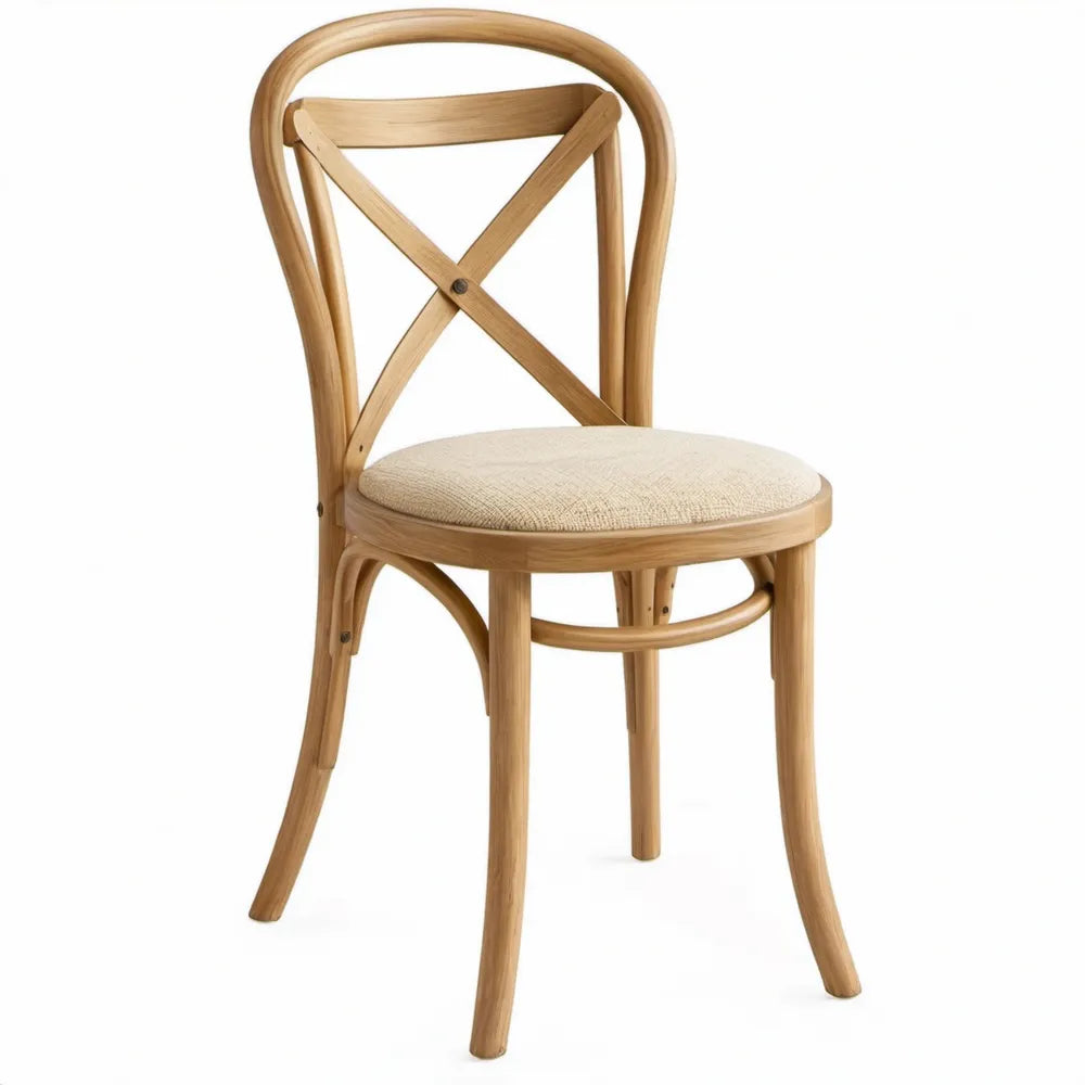 Eetkamerstoel van massief beukenhout met kruisrugleuning, beige zitting, naturel, 45 x 52 x 88 cm