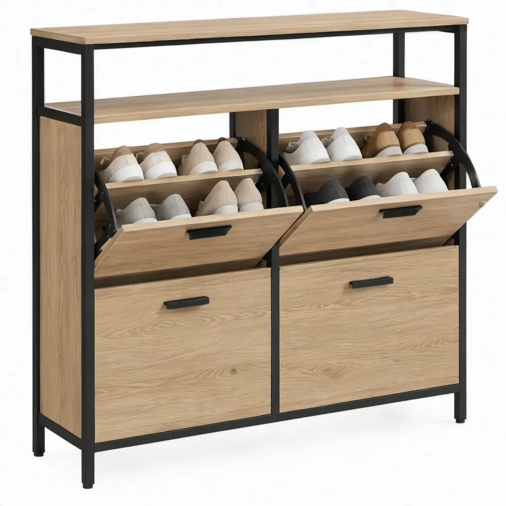 Schoenenkast met 2 kantelvakken en 2 open planken, 100 x 30 x 95 cm, eikenkleurig/zwart