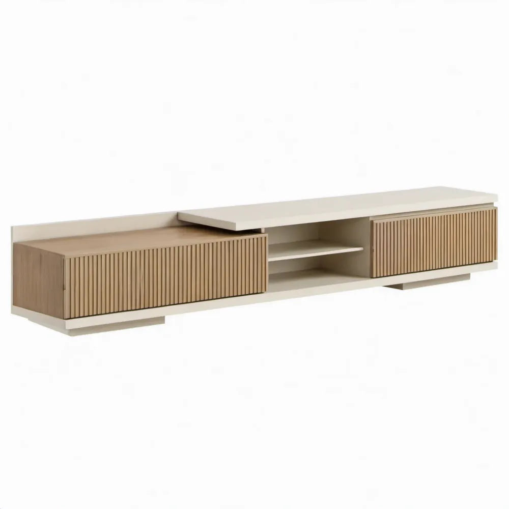 TV-meubel met 2 geribbelde deuren, 180 x 40 x 45 cm, wit en naturel eik