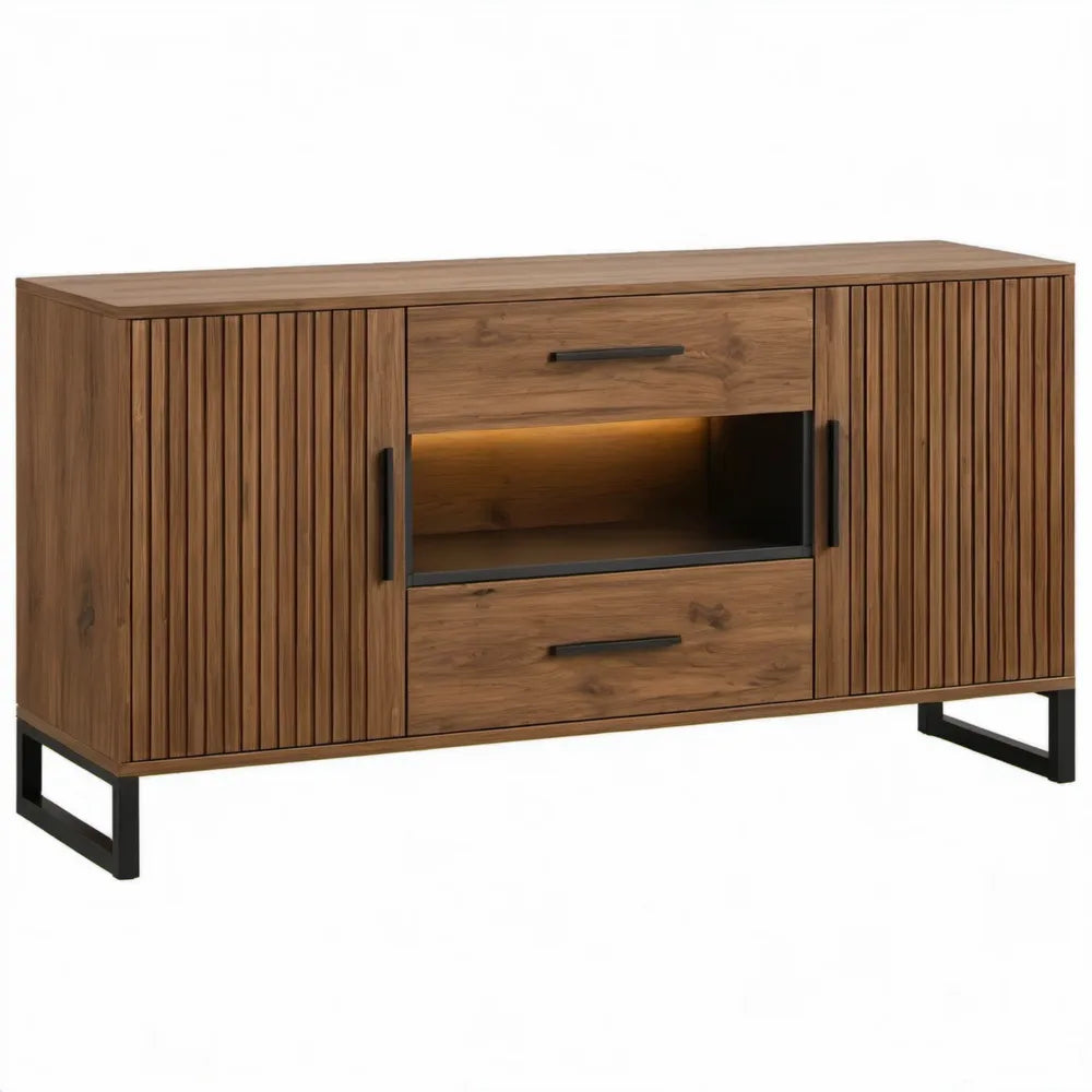 Walnootbruine dressoirkast met LED-verlichting, 160 x 40 x 80 cm, MDF met fineer en zwarte stalen poten
