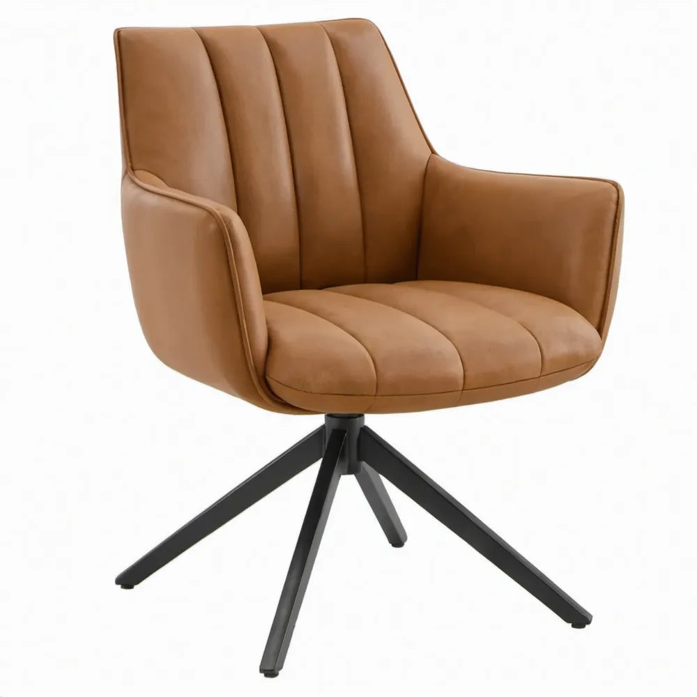 Draaibare armstoel van cognackleurig PU-leer met zwart stalen onderstel, 60 x 62 x 85 cm