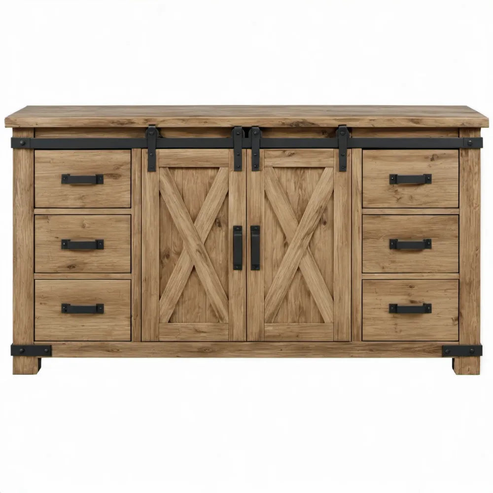 Industrieel dressoir van massief grenenhout met 6 lades en 2 schuifdeuren, naturel bruin/zwart, 180 x 45 x 90 cm
