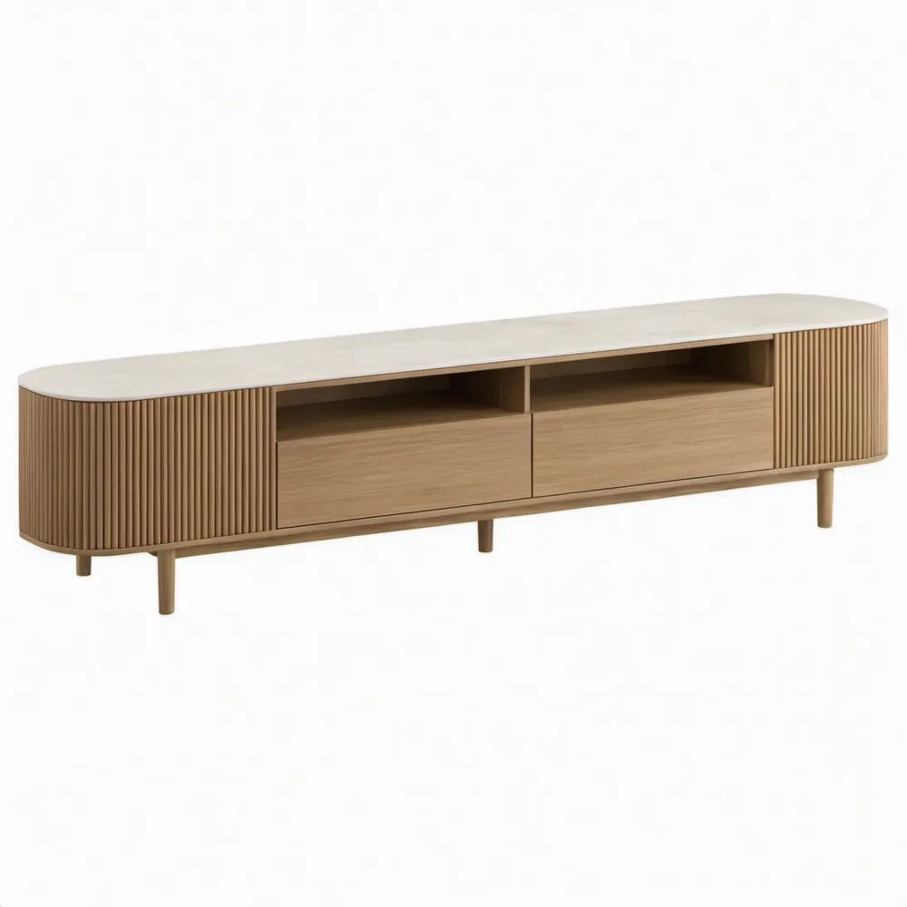 TV-meubel met 2 lades en 2 open vakken, 200 x 40 x 55 cm, naturel eiken/wit