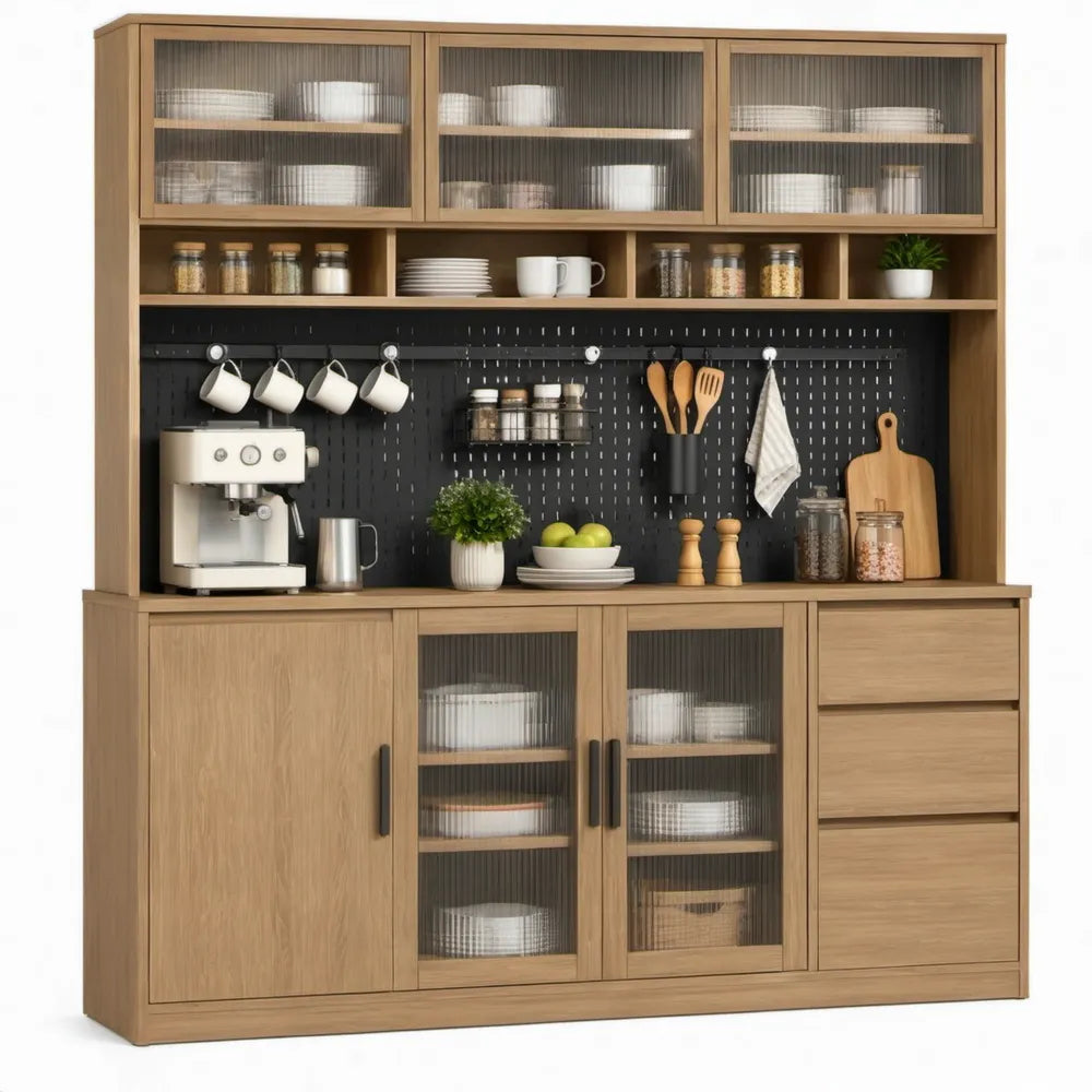 Eikenkleurige buffetkast met glazen deuren, pegboard en laden, 180 x 45 x 200 cm