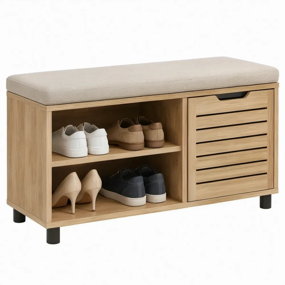 Schoenenkast met zitbank 100 x 35 x 50 cm van bamboe, naturel/zwart met beige kussen