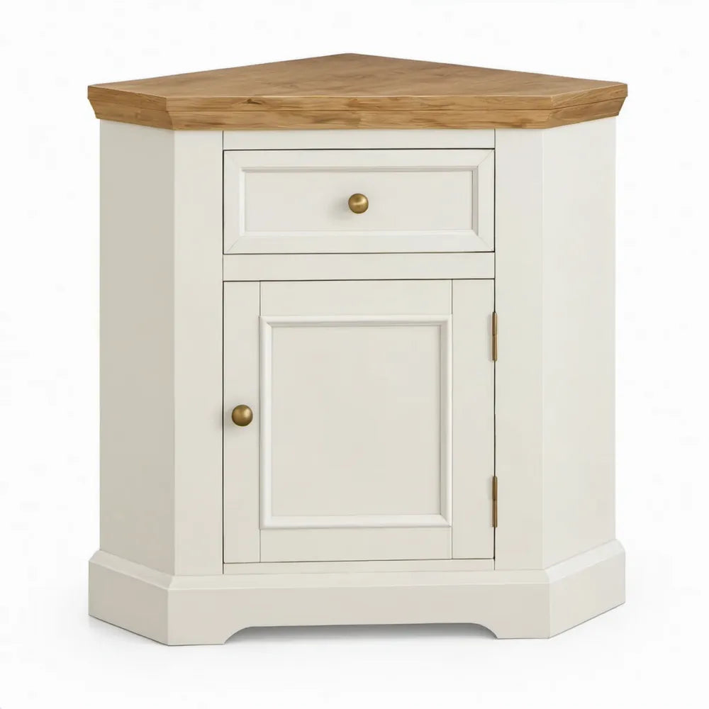 Landelijke hoekkast met lade en deur, 60 x 60 x 80 cm, gebroken wit en naturel grenen