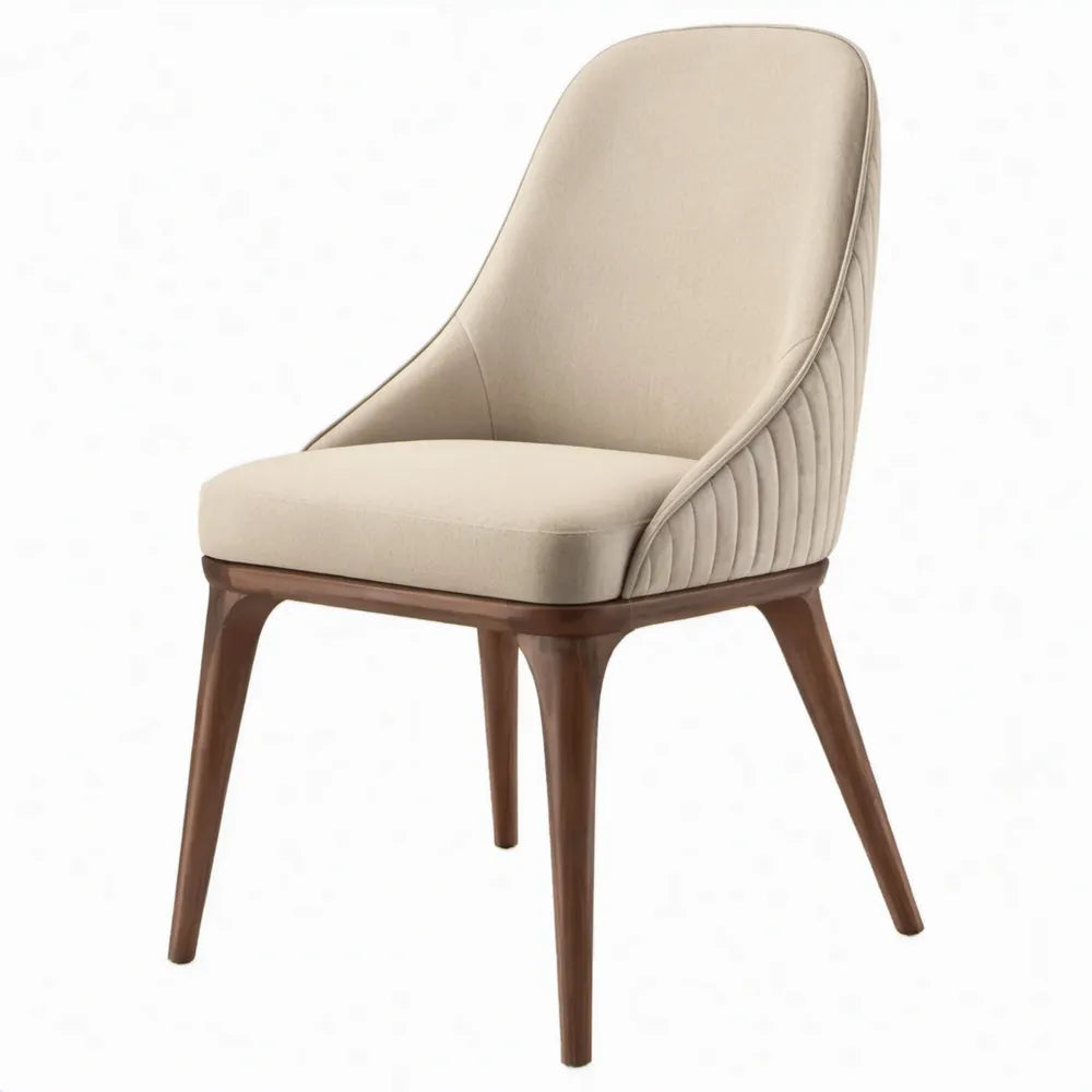 Beige gestoffeerde eetkamerstoel met donkerbruin rubberhouten onderstel, 55 x 62 x 88 cm