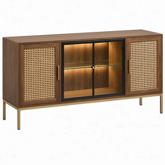 Dressoir met 4 deuren, LED-verlichting en glazen legplank, 160 x 40 x 80 cm, walnootbruin