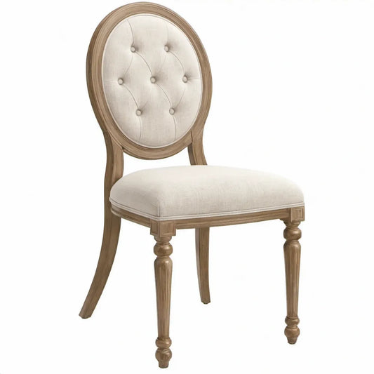Gecapitonneerde ovale rugleuning met beige polyester bekleding en naturel lichtbruin rubberhout, 50 x 57 x 101 cm
