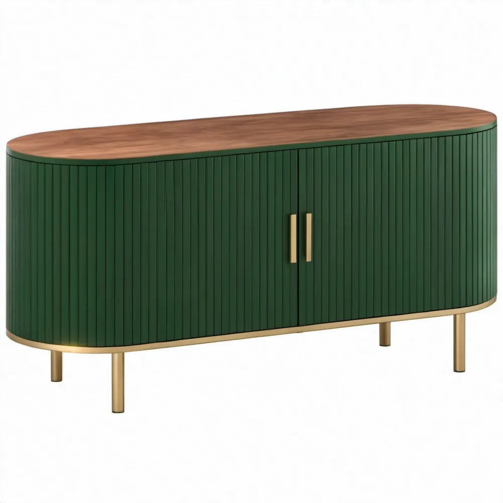 Ovaal meubel met 2 deuren, 160 x 40 x 75 cm, donkergroen, walnootbruin en goudkleurig