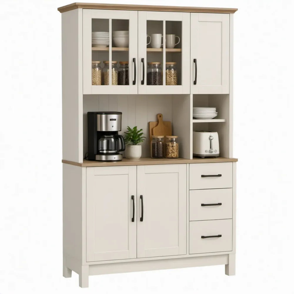 Buffetkast met vitrinedeuren, lades en open vakken, 120 x 40 x 190 cm, gebroken wit en lichtbruin