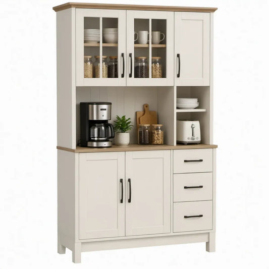 Buffetkast met vitrinedeuren, lades en open vakken, 120 x 40 x 190 cm, gebroken wit en lichtbruin
