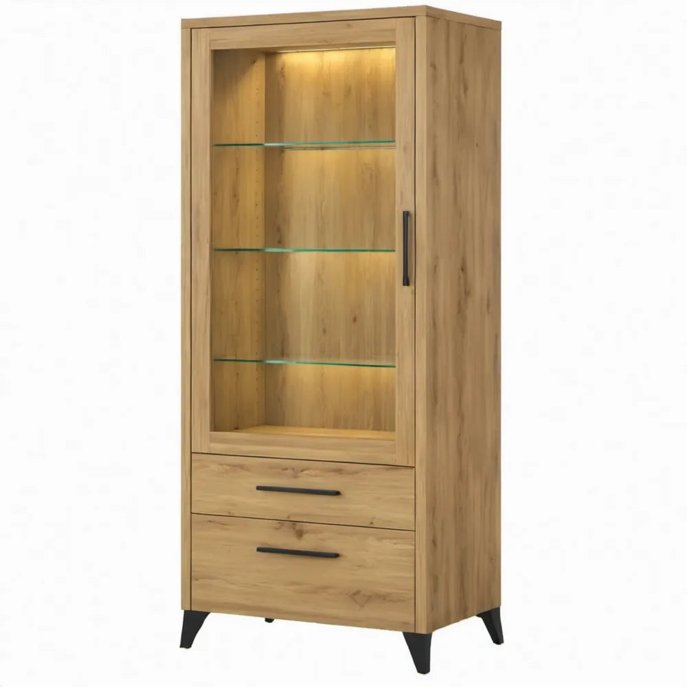 Vitrinekast met LED-verlichting, 80 x 40 x 190 cm, naturel eiken en zwart