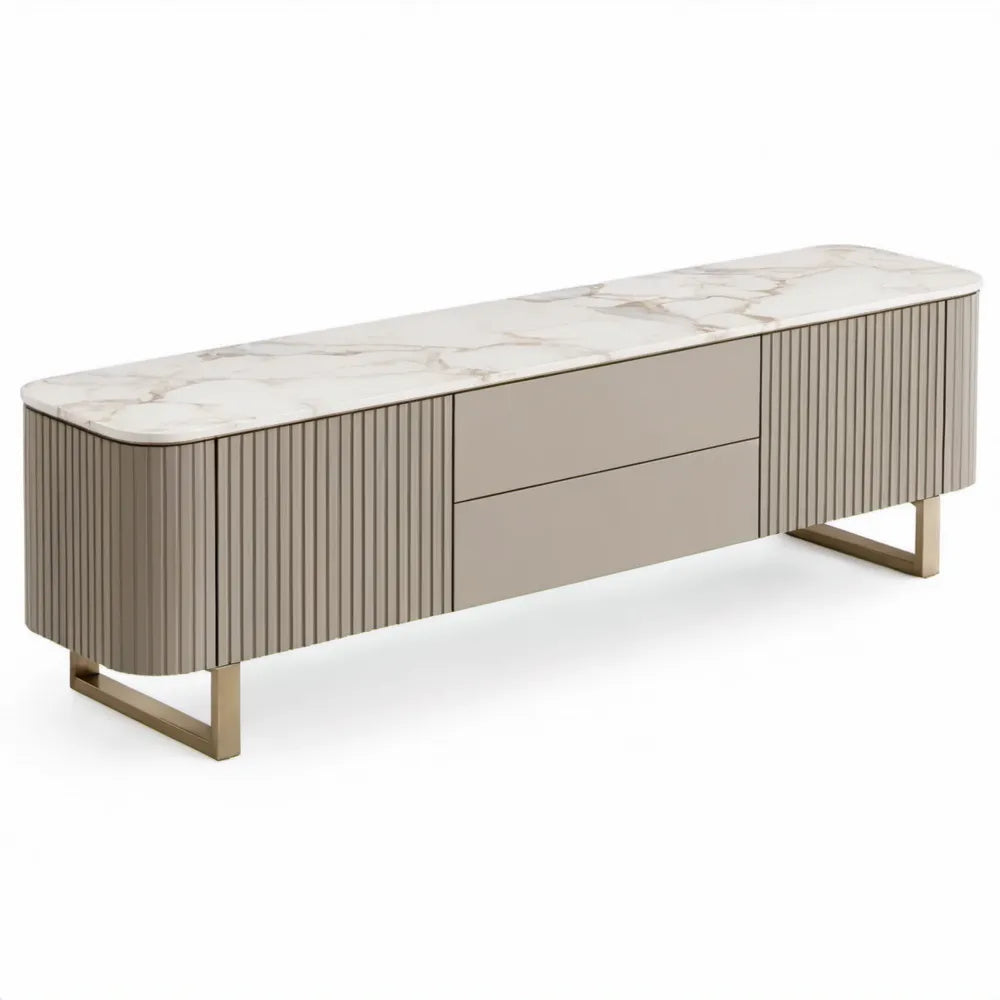 Tv-meubel 180 x 40 x 55 cm met 2 deuren en 2 lades, taupe met wit-crèmekleurig blad