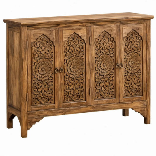 Bruin dressoir van massief mangohout met 4 gesneden deuren, 118 x 30 x 75 cm