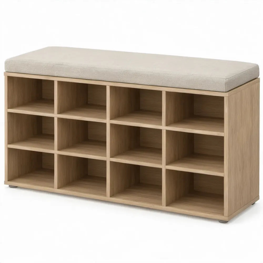Opbergbank met zitkussen en 12 vakken, licht eiken/beige, 104 x 30 x 48 cm