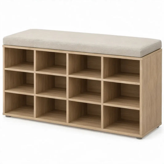 Opbergbank met zitkussen en 12 vakken, licht eiken/beige, 104 x 30 x 48 cm