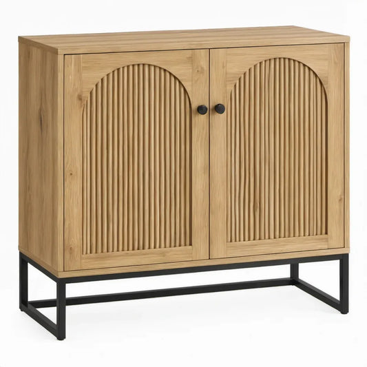 Opbergkast met 2 deuren, 90 x 40 x 90 cm, naturel eikenfineer en zwart staal