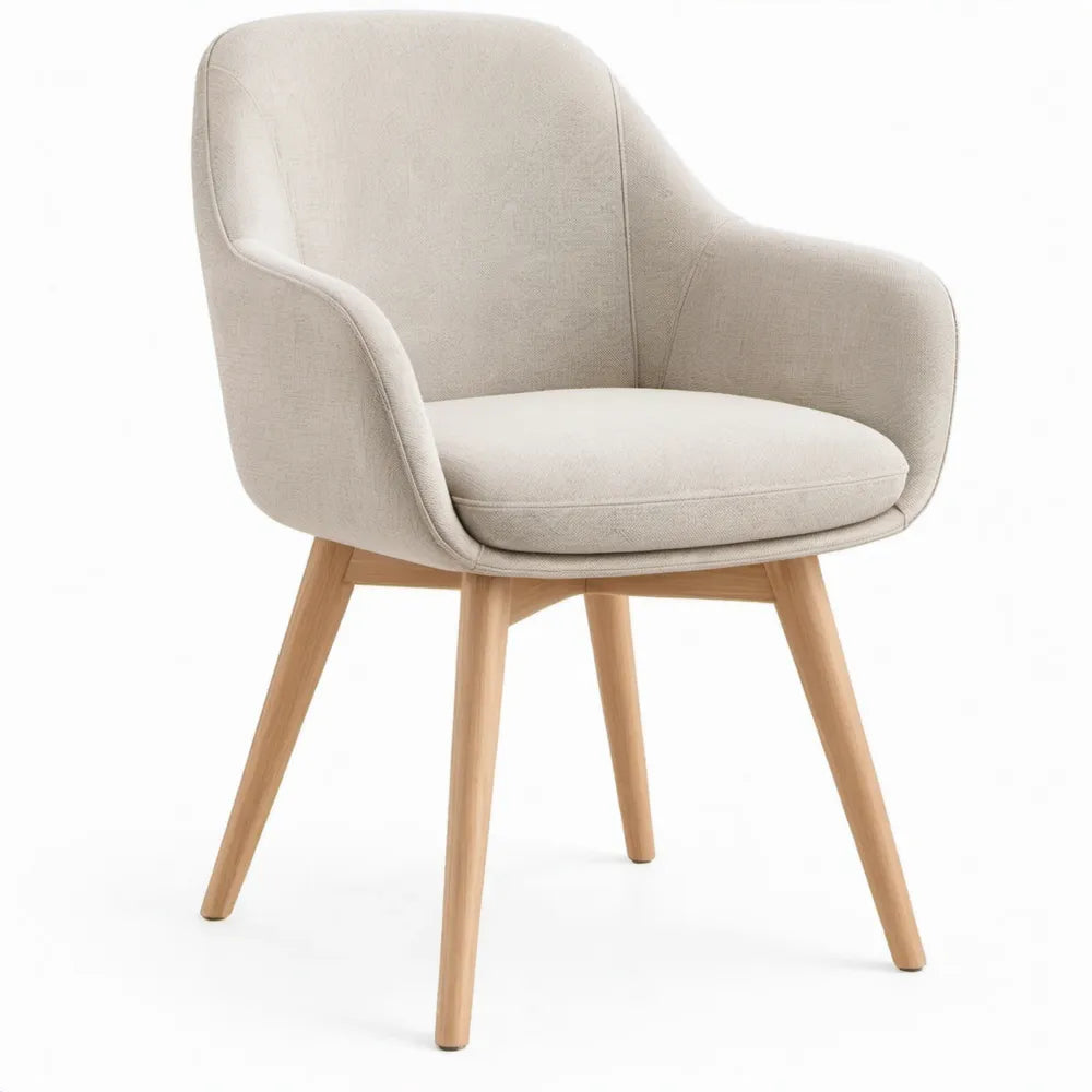 Beige eetkamerstoel met armleuningen en beukenhouten poten, 58 x 60 x 82 cm