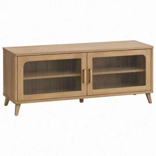TV-meubel 140 x 40 x 60 cm Naturel Eiken met Bruin Geribbeld Glas en 2 Deuren