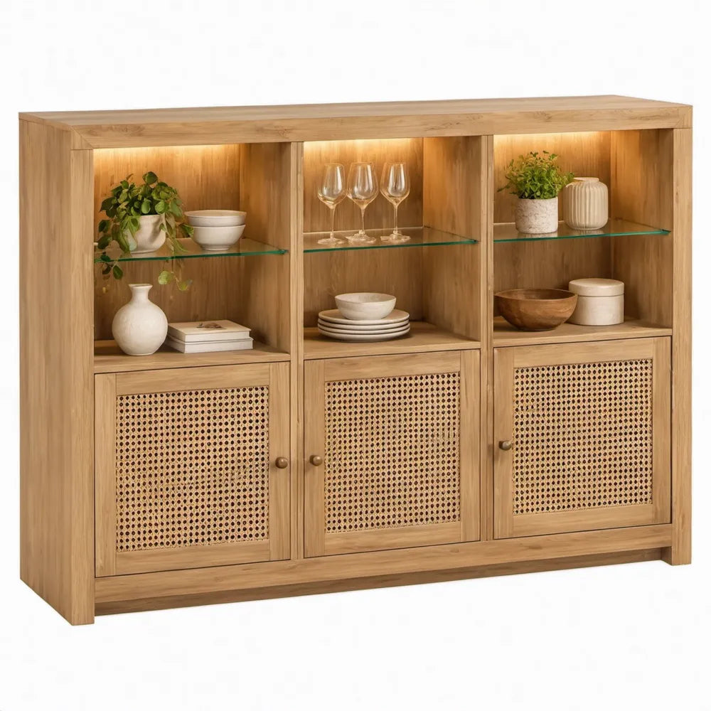 Dressoir van massief eikenhout met rotan en glazen planken, 140 x 40 x 120 cm, naturel