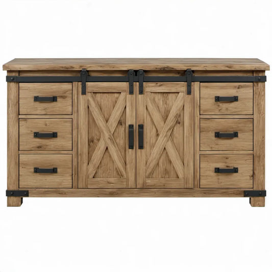 Industrieel dressoir van massief grenenhout met 6 lades en 2 schuifdeuren, naturel bruin/zwart, 180 x 45 x 90 cm