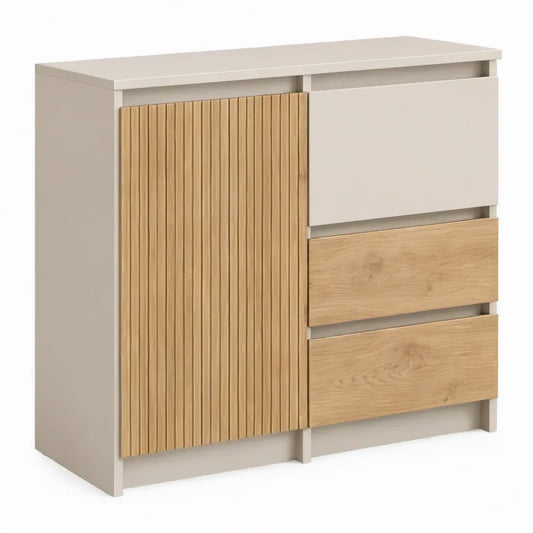 Opbergkast met 3 laden en 1 deur, gebroken wit/naturel eiken, 100 x 40 x 120 cm