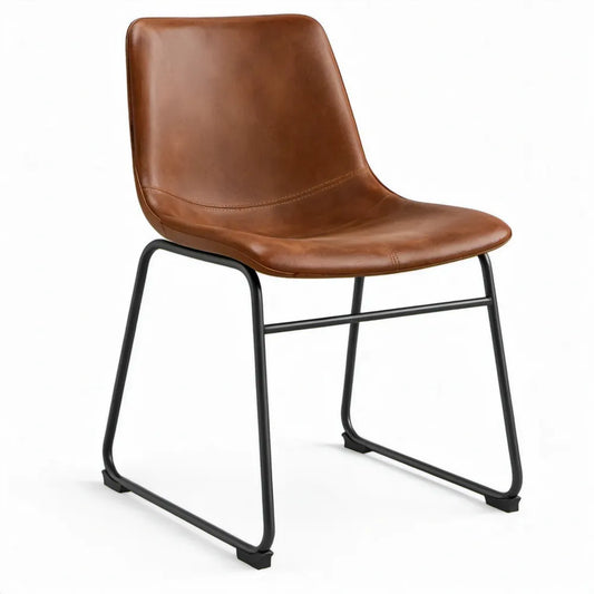 Eetkamerstoel met sledeframe, cognacbruin PU en zwart staal, 50 x 58 x 84 cm