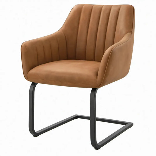 Eetkamerstoel met armleuningen en sledeframe, 60 x 64 x 88 cm, cognac microvezel en zwart staal