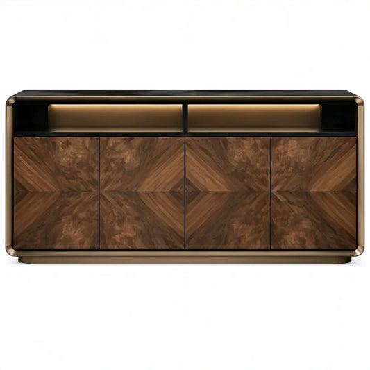 Walnootfineer met goudkleurig roestvrijstalen frame, 4 deuren, 180 x 40 x 85 cm