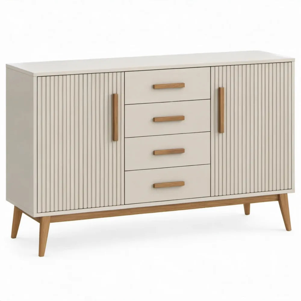 Dressoirkast met 2 geribbelde deuren en 4 laden, 140 x 40 x 85 cm, crème en naturel bruin