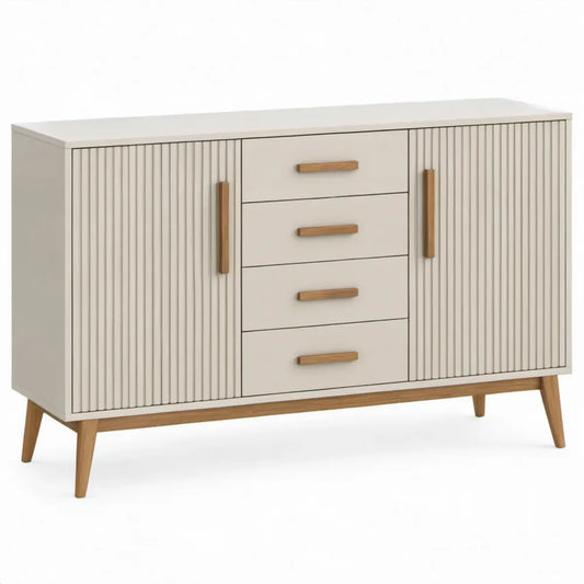 Dressoirkast met 2 geribbelde deuren en 4 laden, 140 x 40 x 85 cm, crème en naturel bruin