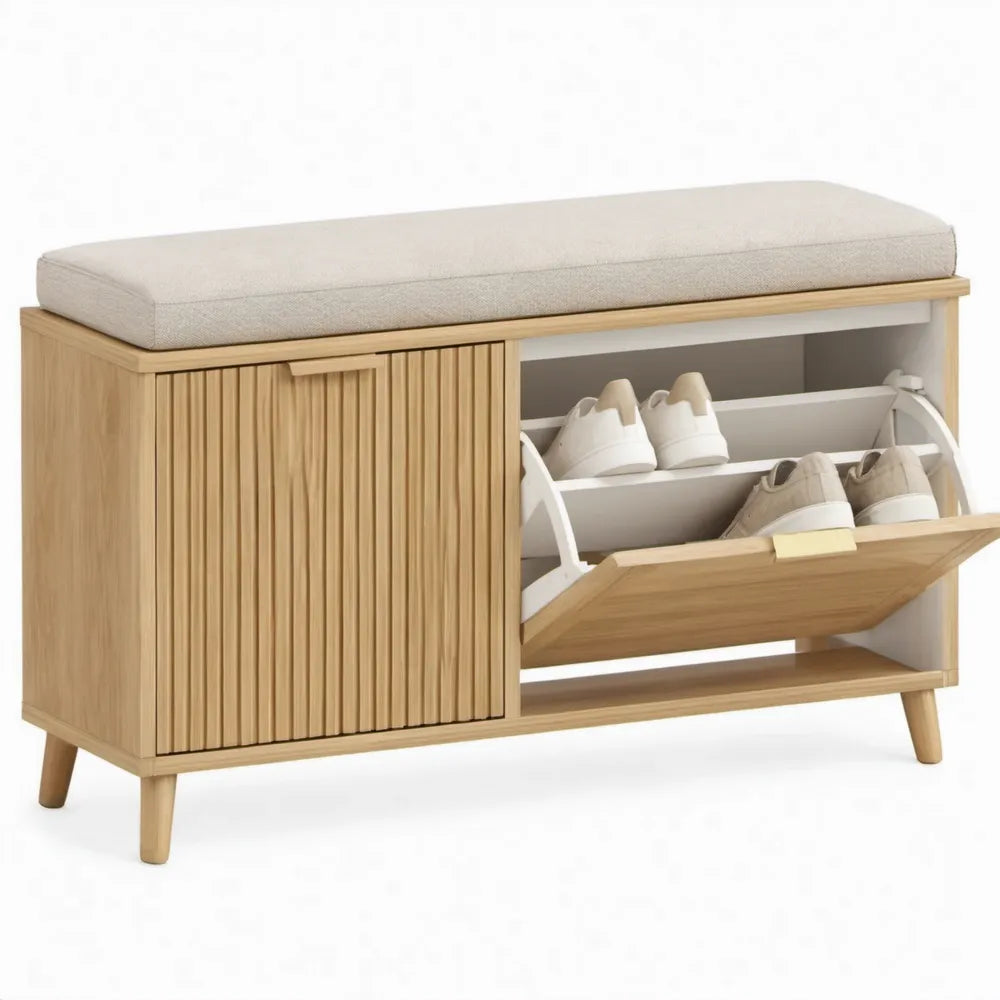 Schoenenkast met zitkussen 100 x 35 x 55 cm Naturel/Wit/Beige MDF en polyester