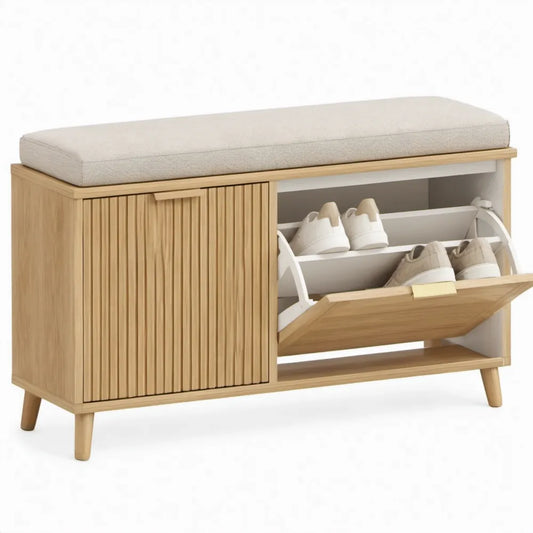 Schoenenkast met zitkussen 100 x 35 x 55 cm Naturel/Wit/Beige MDF en polyester