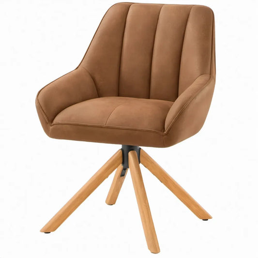Draaibare eetkamerstoel met armleuningen, cognac microvezel en beukenhouten onderstel, 60 x 62 x 83 cm