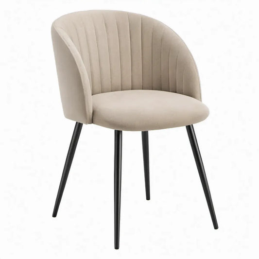 Beige fluwelen eetkamerstoel met armleuningen en zwarte stalen poten, 58 x 61 x 80 cm