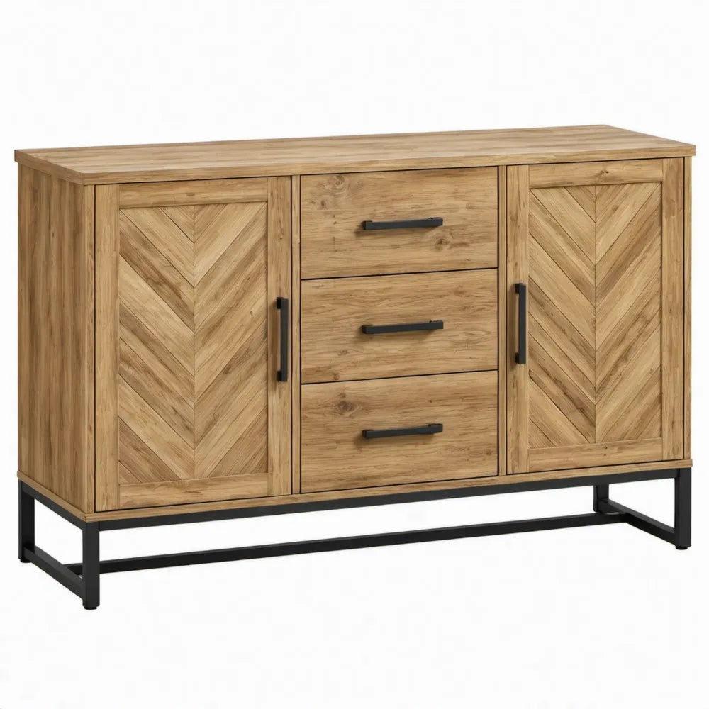 Dressoir van massief acaciahout met 2 deuren en 3 laden, 140 x 40 x 80 cm, naturel en zwart