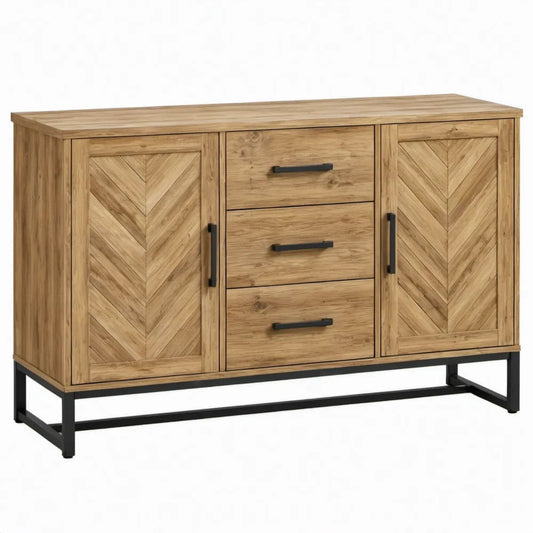 Dressoir van massief acaciahout met 2 deuren en 3 laden, 140 x 40 x 80 cm, naturel en zwart