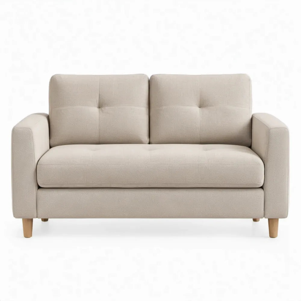 Beige 2-zitsbank van polyester met houten poten, 140 x 80 x 85 cm