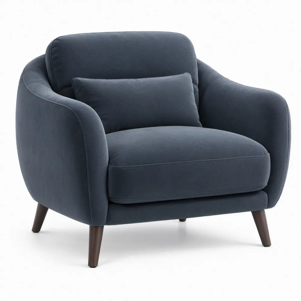 Donkerblauwe fluwelen fauteuil met sierkussen en donkerbruine poten, 90 x 85 x 82 cm