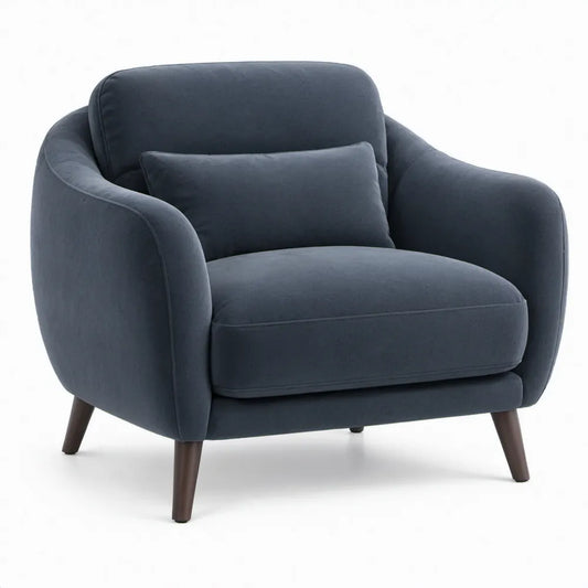 Donkerblauwe fluwelen fauteuil met sierkussen en donkerbruine poten, 90 x 85 x 82 cm
